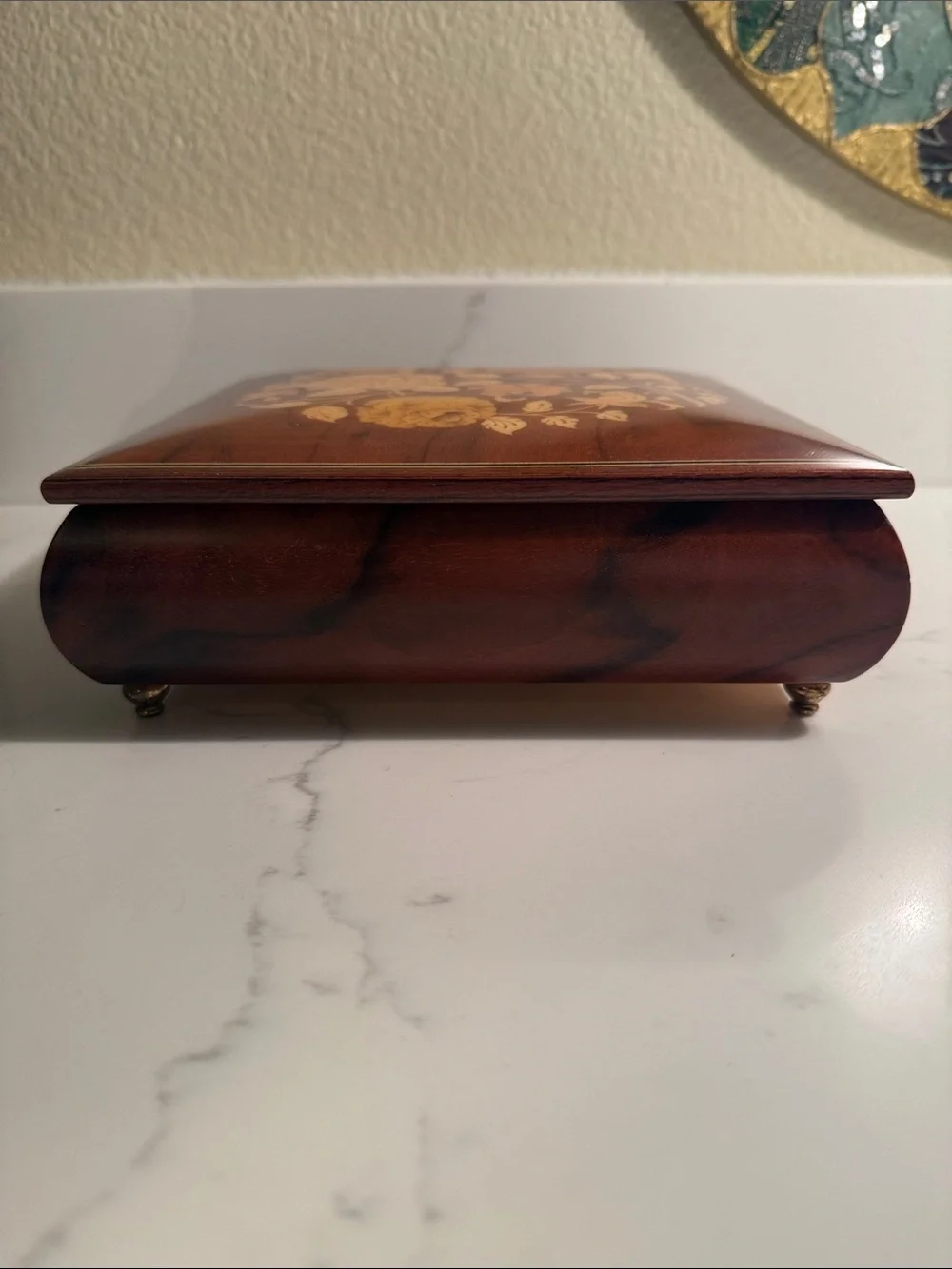 Vintage Italian Wooden Music Box with Floral Inlay
